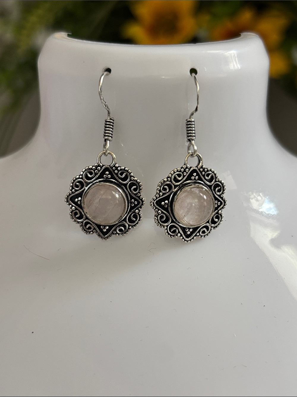 Sterling Silver Filigree Earrings with Pale Rose Quartz Gemstone